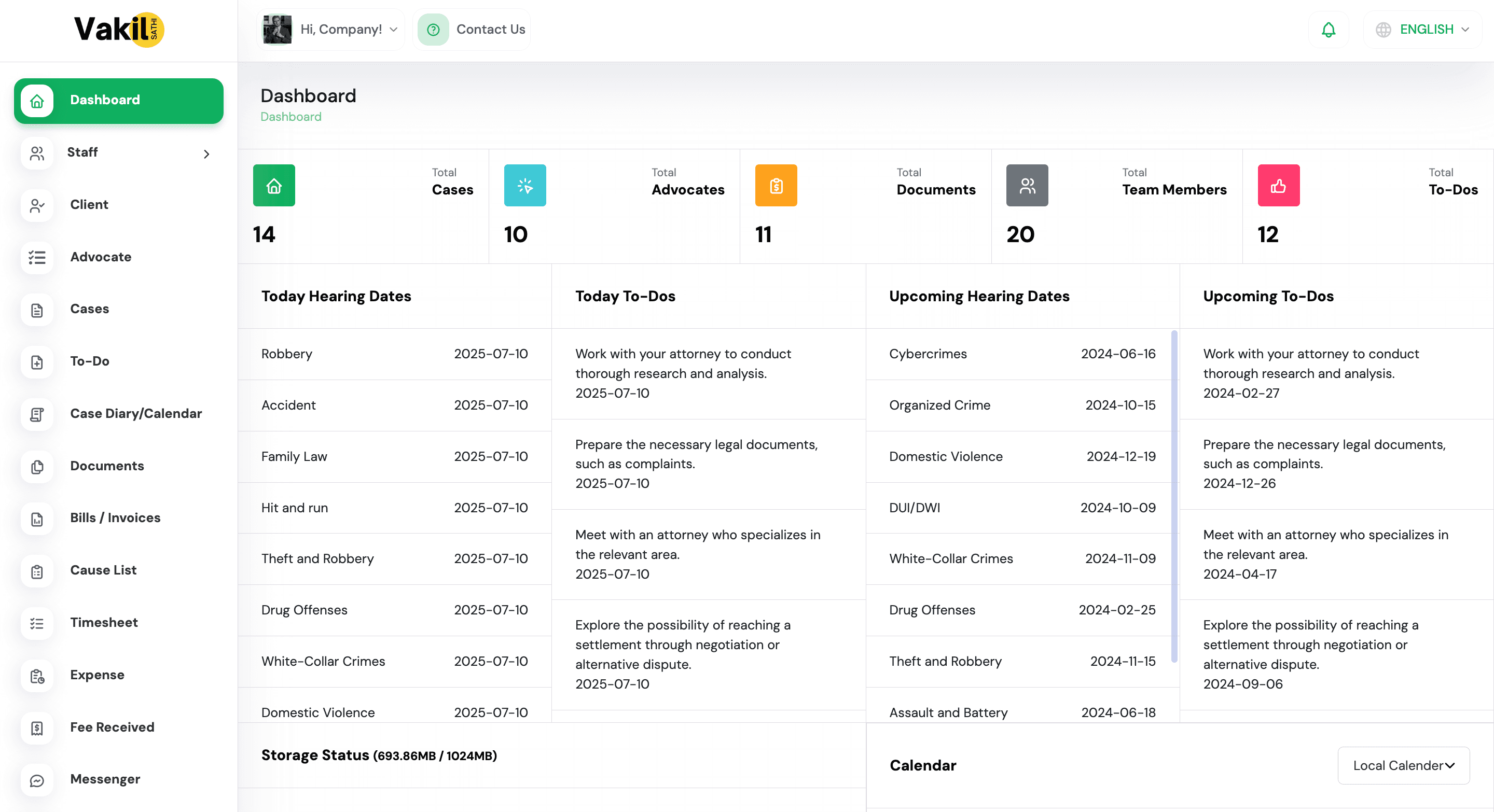 VakilSathi legal practice management dashboard